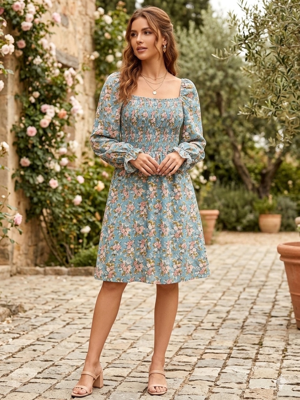Double take Floral Smocked Square-Neck Dress turquoise